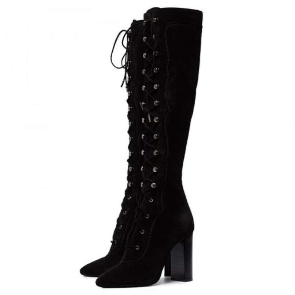Black Lace-Up Knee-High Women's Boots